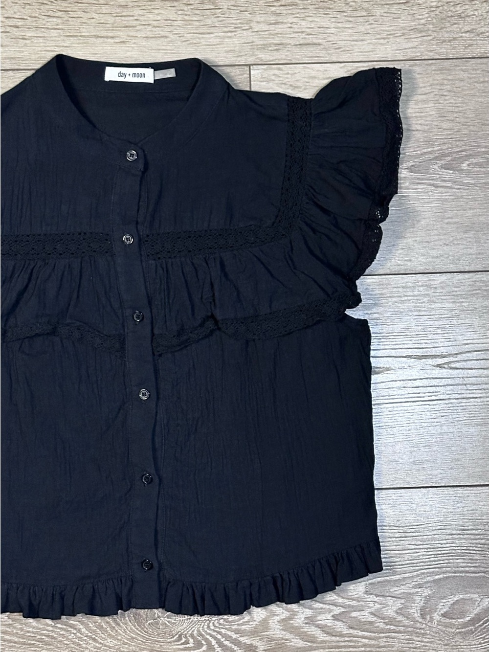 Day + Moon Button Up Flutter Sleeve Ruffle Whimsigoth Top Crochet Detailing - Picture 5 of 15